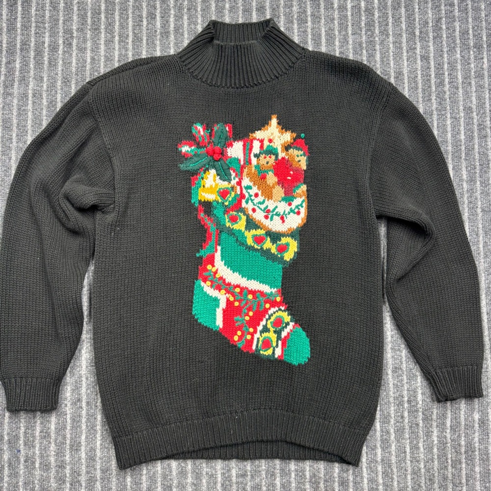 The Eagles Eye Womens Sweater M Black 1993 Vintage Christmas Stocking Cotton